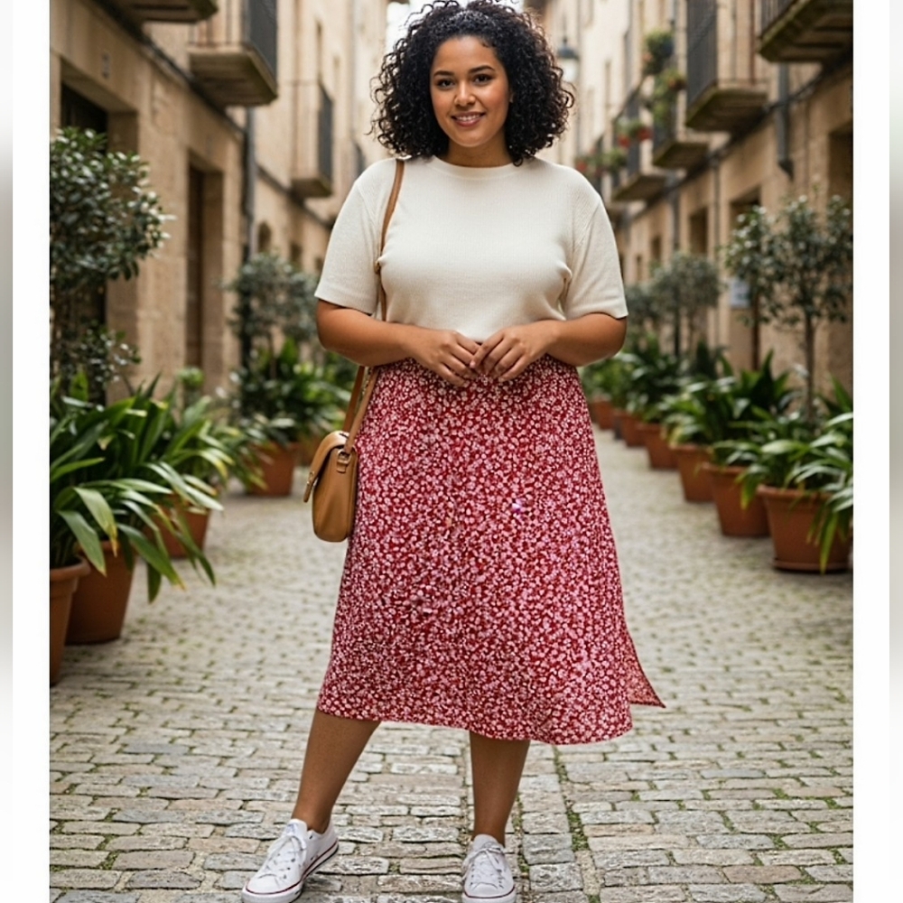 Midi Floral Skirt in Red - Classic Everyday Style